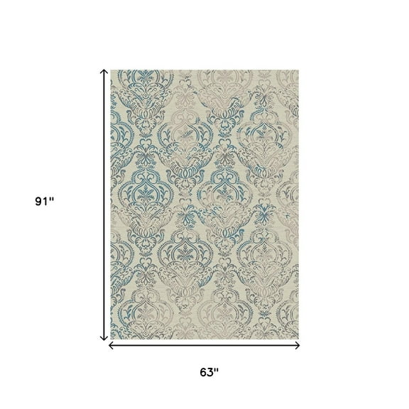 HomeRoots 552164 5 x 8 ft. Ivory, Blue & Grey Damask Distressed Rectangle Area Rug