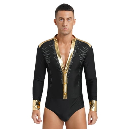 ranrann Men s Shiny Rhinestones Long Sleeves V-Neck Latin Rumba Dance Shirt Figure Skating Leotard Black XXL