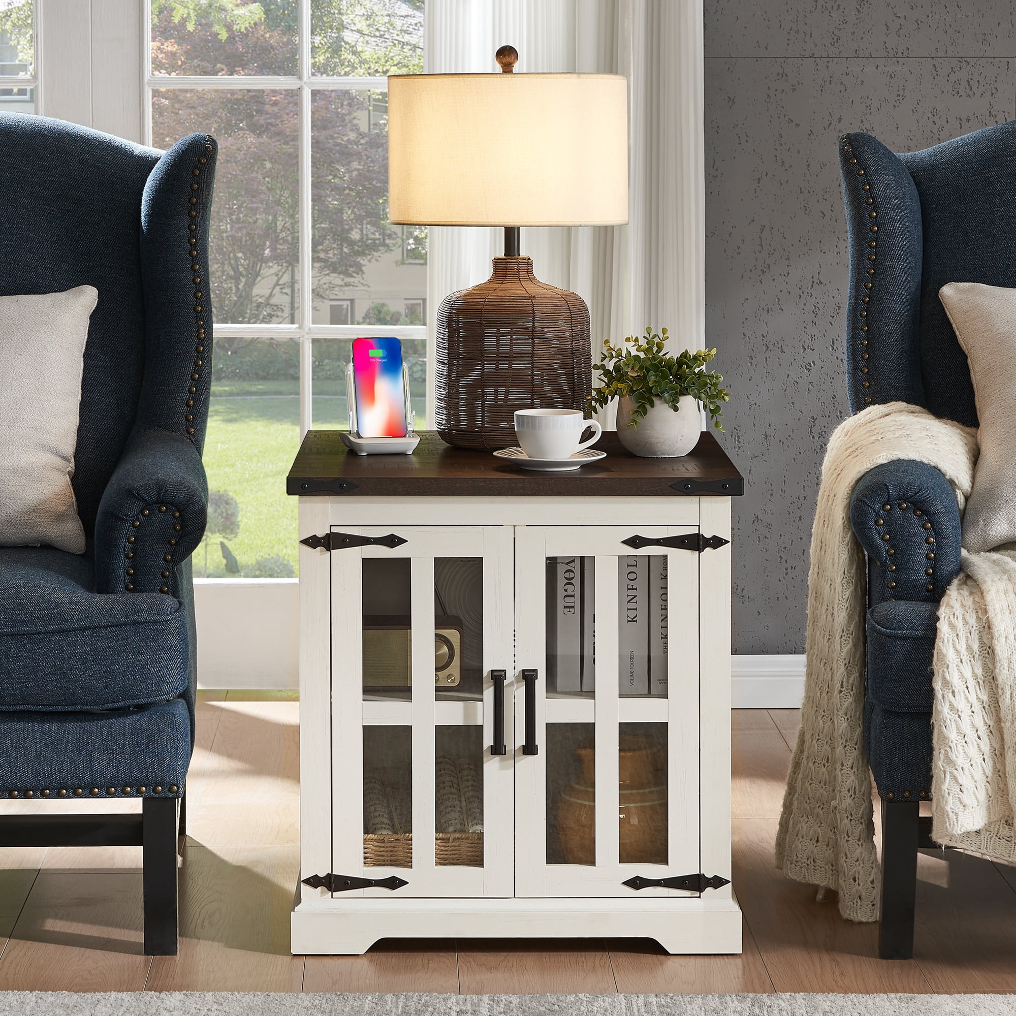 24'' Squre End Table, Nightstand Sofa Table with Glass Door, Side Table with Shelf for Living Room Bedroom, White