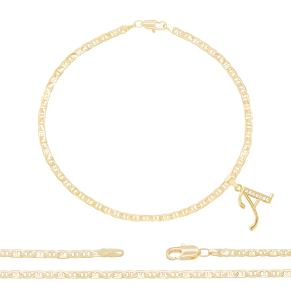 BEBERLINI Women Letter A CZ Charm Anklet 14K Gold Filled Mariner Chain Bracelet Jewelry