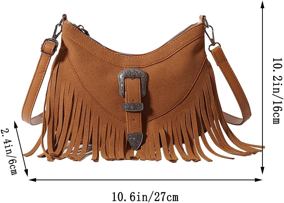 Women Fringe Hobo Bag Faux Suede Shoulder Bag Retro Crossbody Bag Boho Purse with Adjustable Strap
