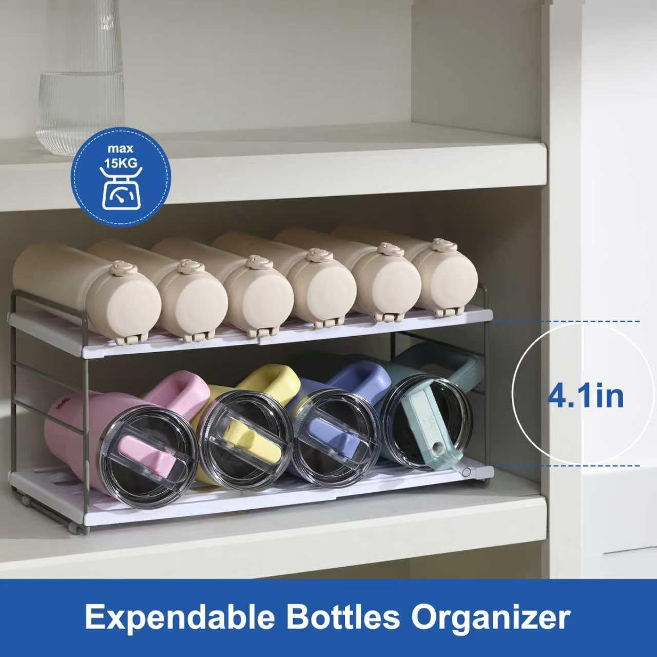 NestE-Water Bottle Organizer For Cabinet, Adjustable Tumbler Storage, Expandable 2 Tier Cup Organizer For Kitchen, Water Bottle Shelf Rack Holder For Pantry Countertop Fridge, White