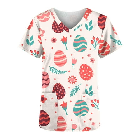 

Easter Womens Nurse Uniforms Trendy Bunny Print Eggs Graphic V Neck T Shirts Scrub Tops Working Uniforms with Pockets