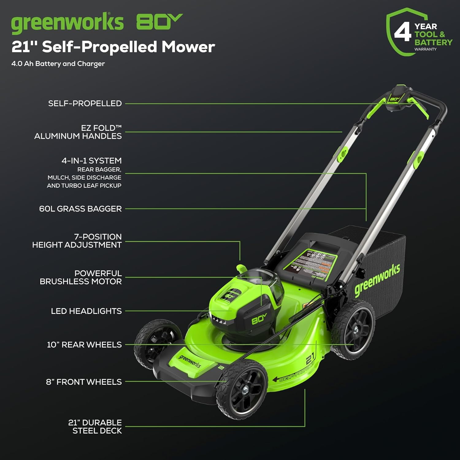 Greenworks 80V 21" Brushless Self-Propelled Mower (Gen 2), 4.0Ah Battery and Rapid Charger Included (75+ Compatible Tools)
