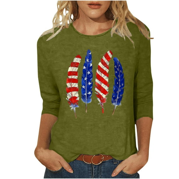 GERsome Womens American Flag T Shirts 4th of July Patriotic 3/4 Sleeve Shirts Veteran Crewneck Shirt Stars Stripes Tops S-3XL