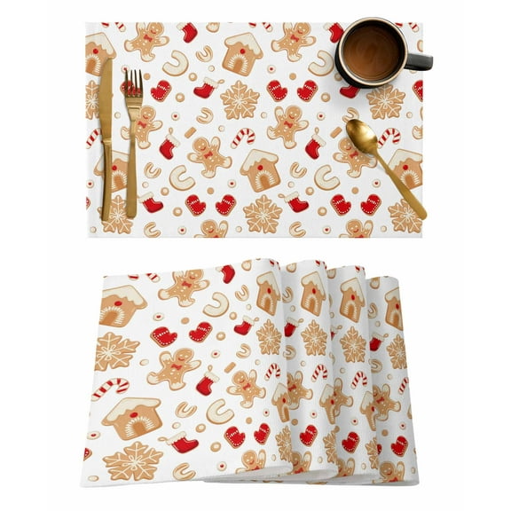 Christmas Gingerbread Man Placemats Set of 8 Winter Snowflake Food White Heat Insulation Washable Place Mats, Rustic Non-Slip Table Mats for Dining Table Party Kitchen Decor,13x19 Inch