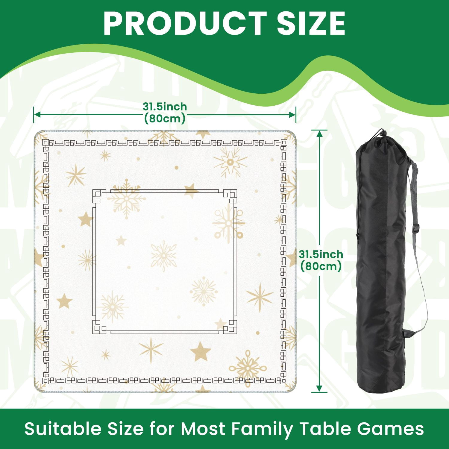 Mahjong Mat 31.5" x 31.5" Golden snowflakes stars white Holiday Seamless Non-Slip Noise Reduction American Mahjong Tiles Table Cover for Dominoes Poker Card Board Games Gift