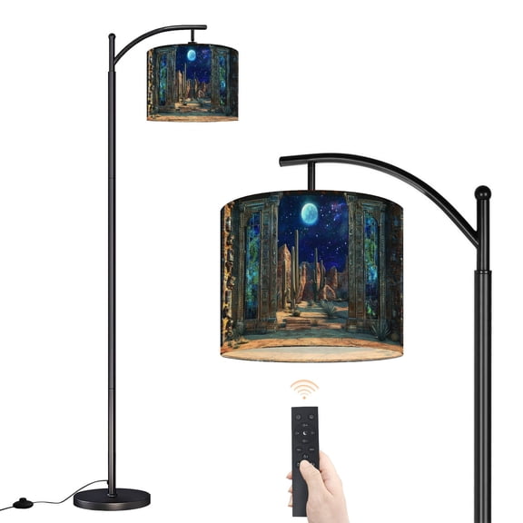 Arc Floor Lamp with Adjustable Lampshade Desert Stained Glass Panel Cacti Stars Standing Lamp 3 Color Temperatures Dimmable Tall Pole Lamp with Foot Switch for Bedroom Sofa Beside Corner
