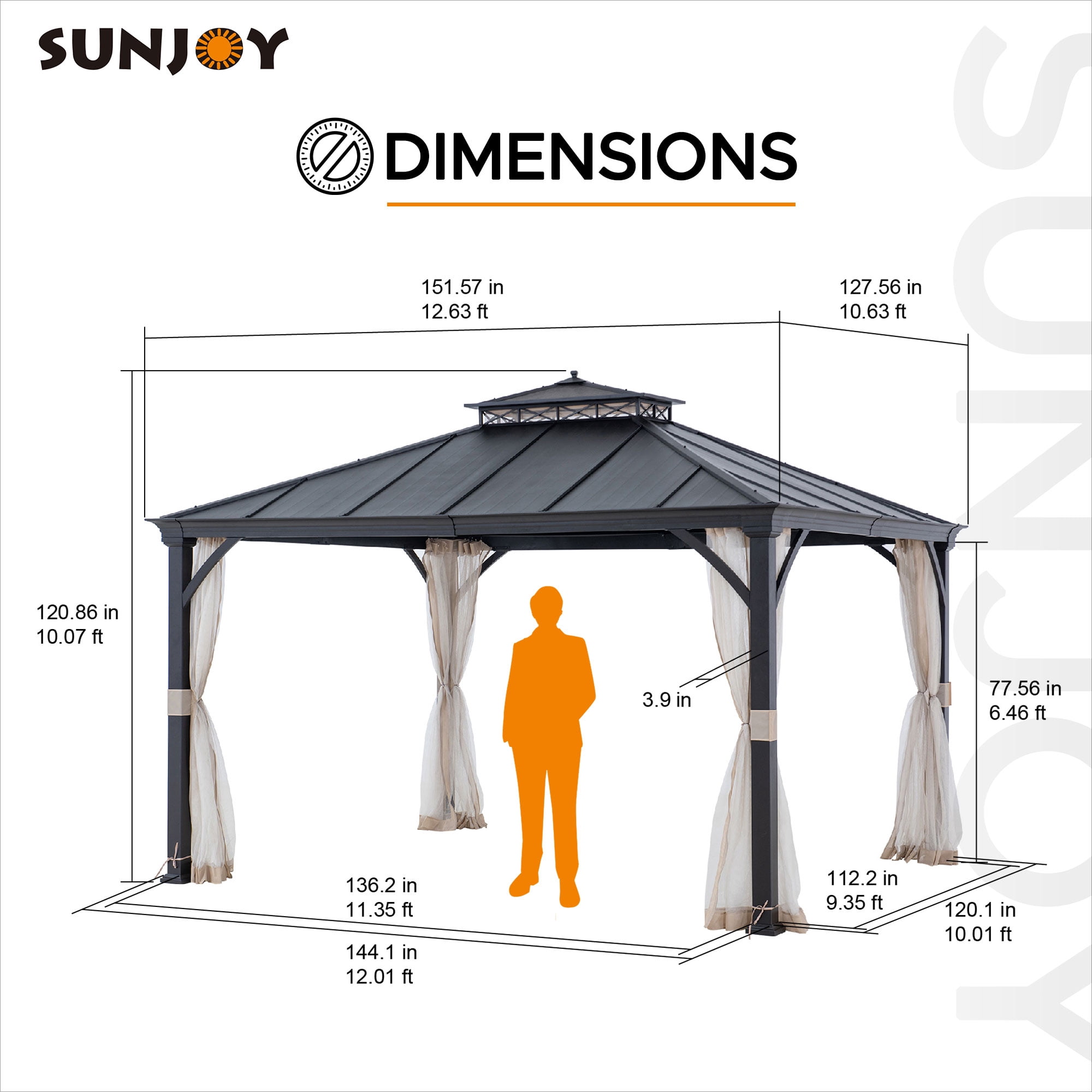 Sunjoy 11 x 13 ft. Crown Lattice Hardtop Patio Gazebo with 2-Tier Metal Roof & Mesh Netting, Matte Black Steel