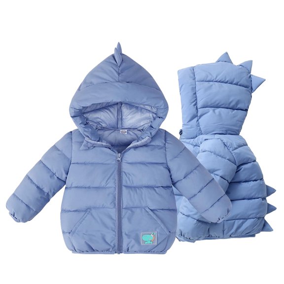 FAIOROI Toddler Dinosaur Hood Winter Jacket - 3T Blue, Hooded with Spikes, Full Zip, Water-Resistant, Machine Washable for Kids