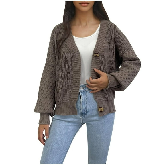 Byworldtasic Womens Sweaters Women's Chunky Knit Open Front Sweater Long Sleeve Button Loose Short Cardigan Outerwear Coats Coffee