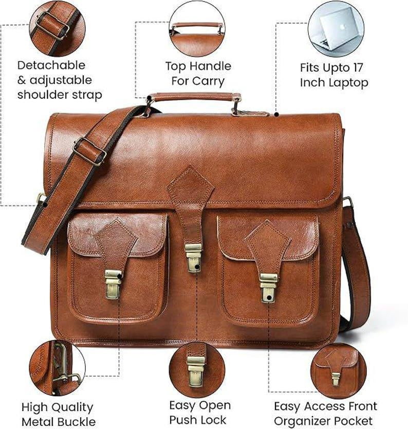 Full grain leather laptop computer bag|Personalized leather messenger bag men|Crossbody shoulder bag work briefcase|Valentine's gift for him