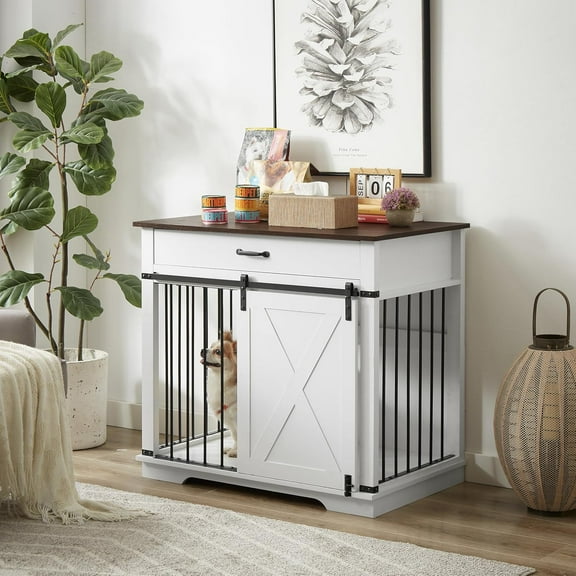 Wooden Dog Cage Furniture Style Farmhouse Dog Crate Side End Table Indoor Dog Kennel with Drawers Sliding Barn Door Cage for Dog, Waterproof, Resistant Scratch, All Breed Sizes (White)