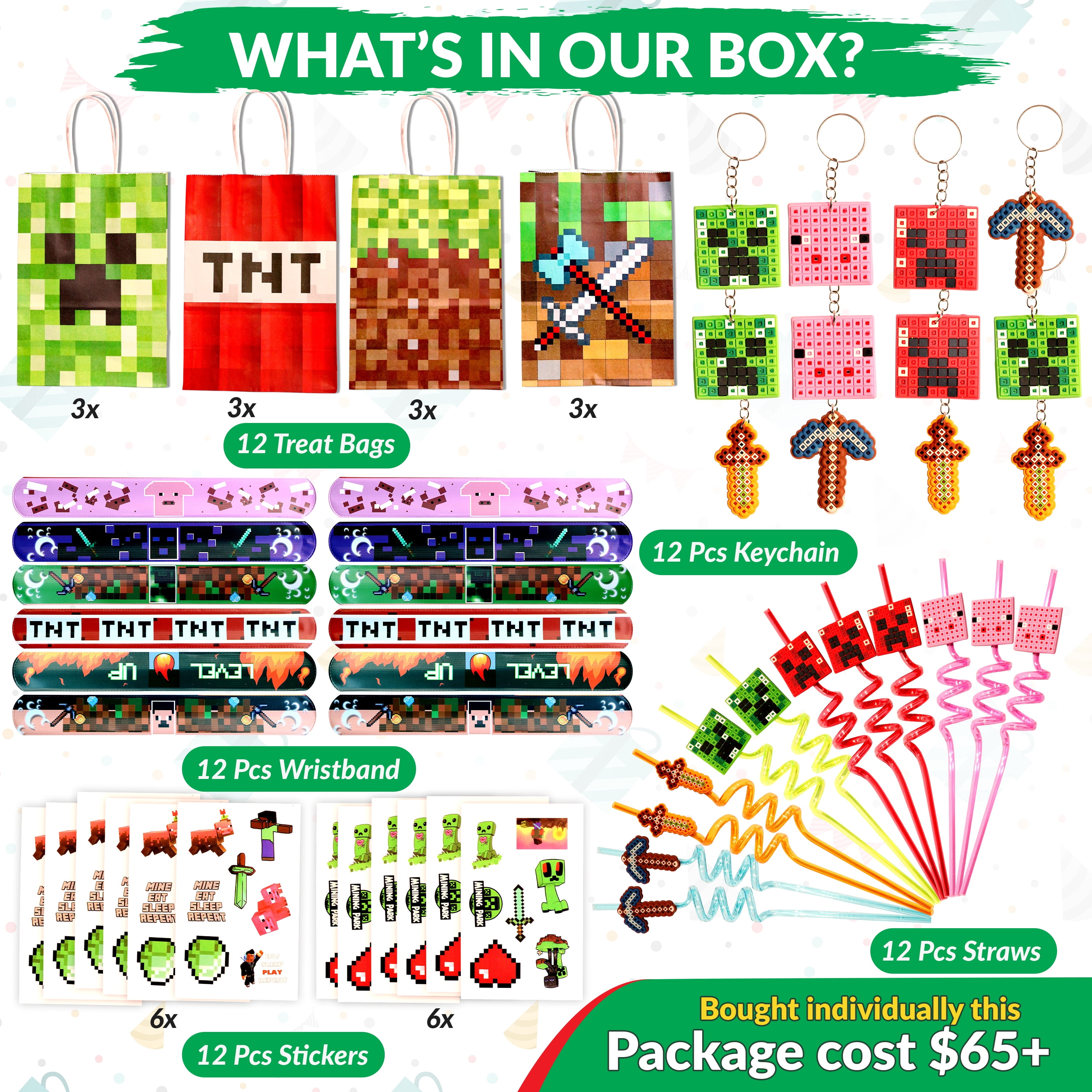 60 Pcs Miner Pixel Theme Birthday Party Favors Keychain Slap band Stickers Treat Bag Straw for Kids Party Supply