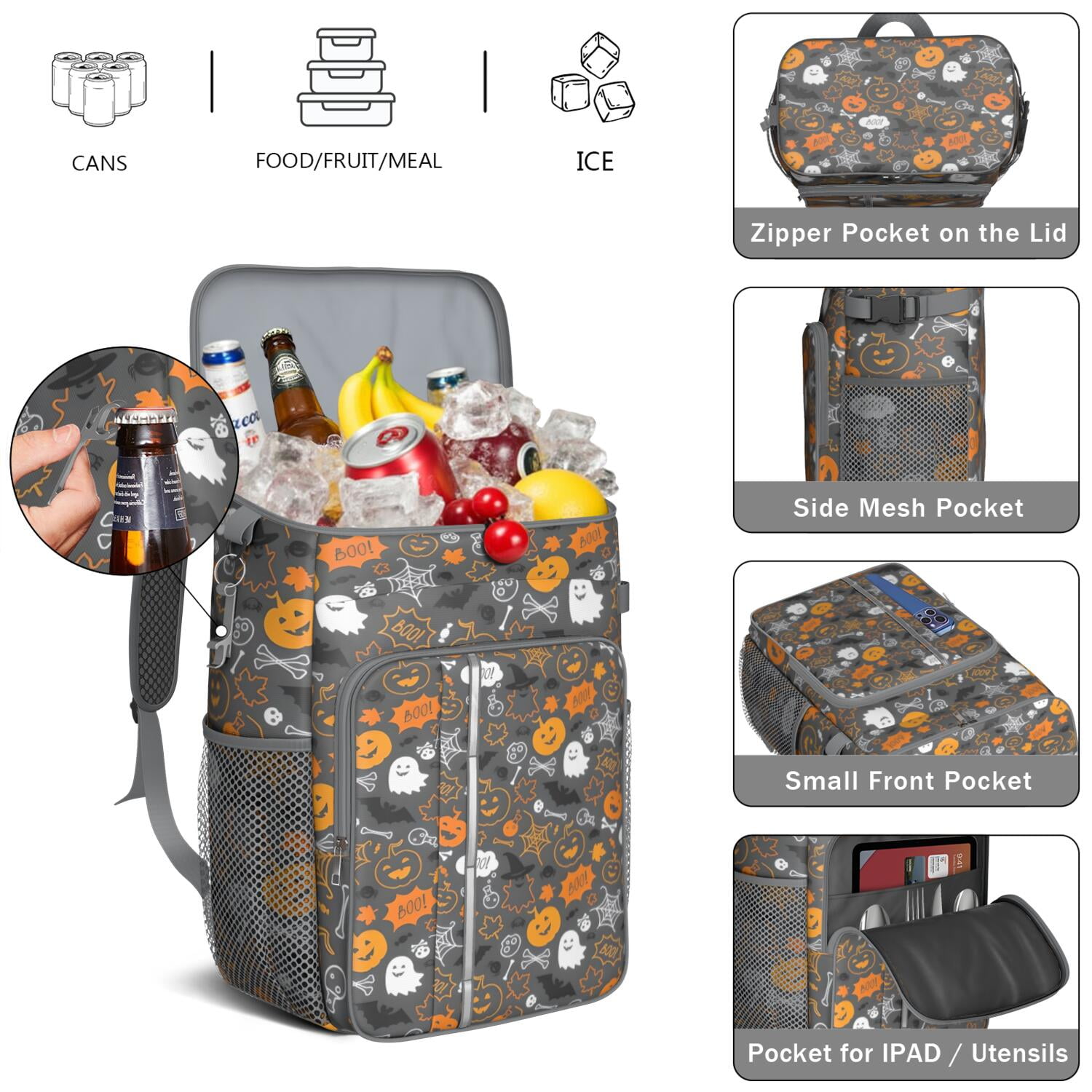 Travel Cooler Bag - Autumn Halloween Scene Pattern Camping Beer Cooler Backpack with Bottle Opener- Waterproof Insulated Picnic Backpacks - Cooler Bag for Beach