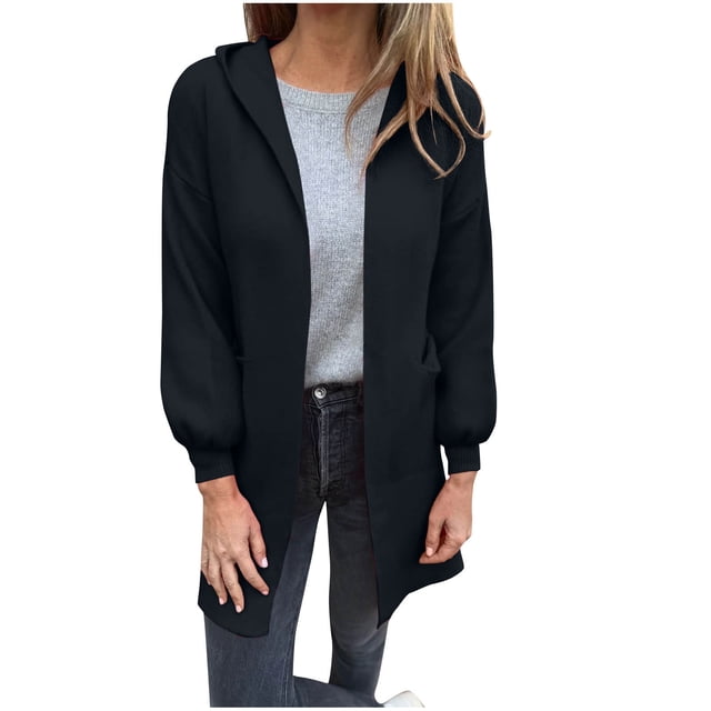 Women's Hooded Trench Cardigan Coat Side Slit Design Mid-Length Wool Blend Layer with Pockets Fall Winter Transitional Wear