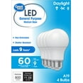 thumbnail image 2 of Great Value A19 LED Light Bulbs, 60 Watts Eqv, Daylight, General Purpose, 9yr, Medium Base, 4 pack, 2 of 10