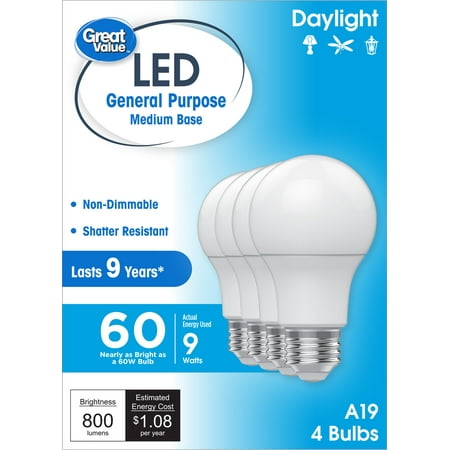 

Great Value A19 LED Light Bulbs 60 Watts Eqv Daylight General Purpose 9yr Medium Base 4pk