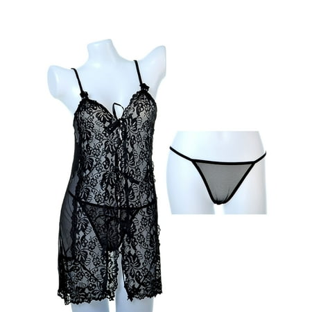 Black Negligee - Anna-Kaci S/M Fit Black Lace Floral Pattern Negligee with Matching G-String