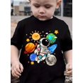 thumbnail image 1 of Camiseta infantil con estampado de dibujos animados del espacio, cuello redondo, algodón, tejido de punto de elasticidad media, corte regular, diseño del alfabeto, para primavera/verano/otoño - Negr, 1 of 6