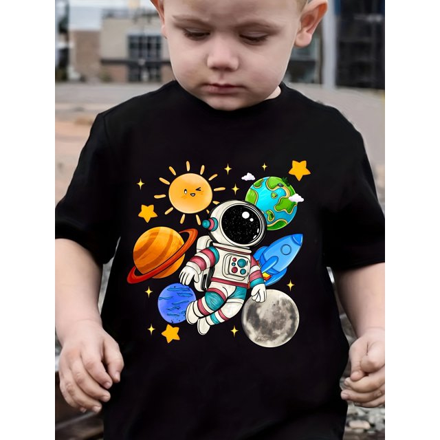T-Shirt à Imprimé Espace pour Enfants, Col Rond, T-Shirt en Coton Décontracté, Tissu Tricoté Extensible Moyen, Coupe Régulière pour Garçons, Motif Alphabet, pour Printemps/été/automne - T-Shirt à Manches Courtes Col Rond Noir pour Garçons