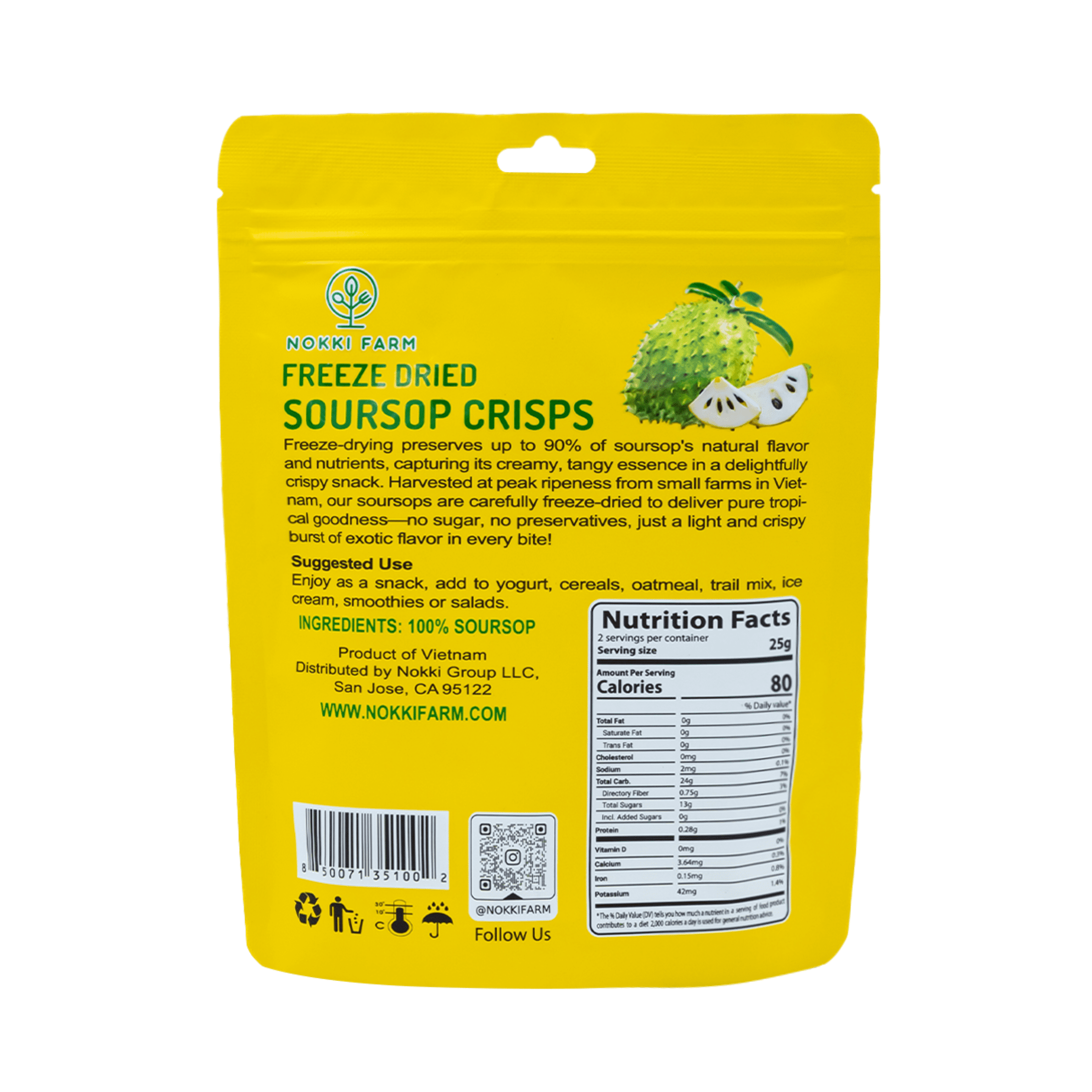 NOKKI FARM Freeze Dried Soursop Crisps - Healthy & Exotic Tropical Superfood Snacks, No Added Sugar or Preservatives, Kid-Approved, Shelf-Stable & Portable for On-The-Go Snacking, 1.76oz x 3 packs