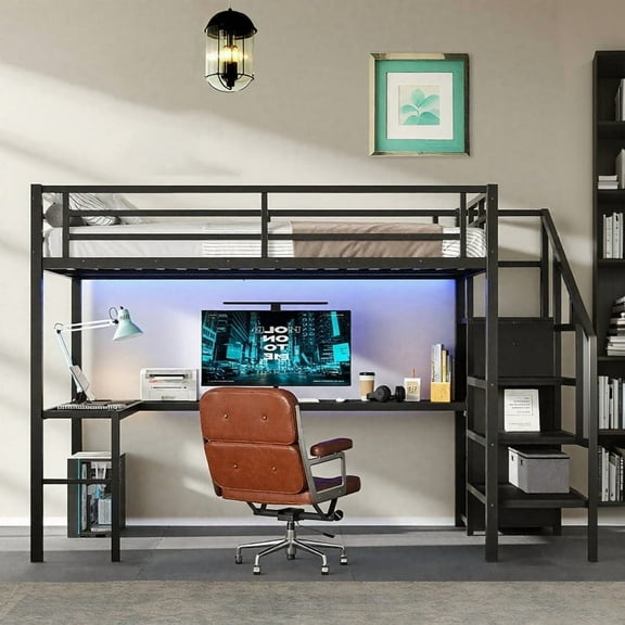HICOMILA Full Size Metal Loft Bed with L-shaped Desk, Heavy Duty Loft Bed with Storage Stairs and Wardrobe, LED Loft Bed with USB Ports and Adjustable Shelf for Teens, Adults, Black