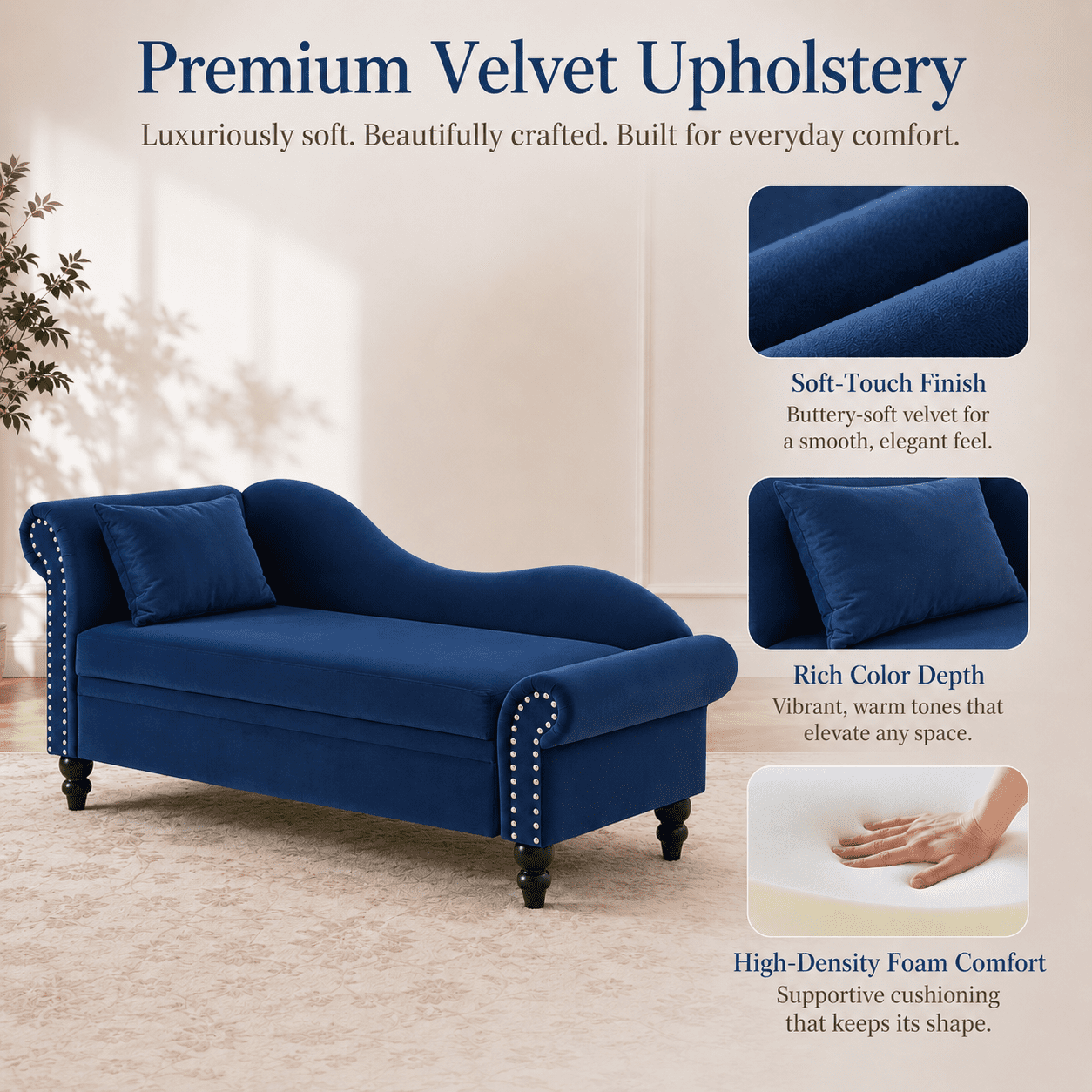 Aukfa 64.5" Modern Velvet Chaise Lounge with Storage, Left Armrest Lounge Sofa with Silver Nailhead Trim & Lumbar Pillow,Navy Blue