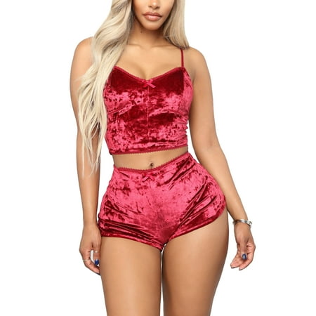 

Meihuida Women Sexy 2PCS Lingerie Set Velvet Shorts Sets Spaghetti Strap Sleeveless Crop Top Shorts Babydoll Satin Pajama Set Sleepwear Lounge Wear
