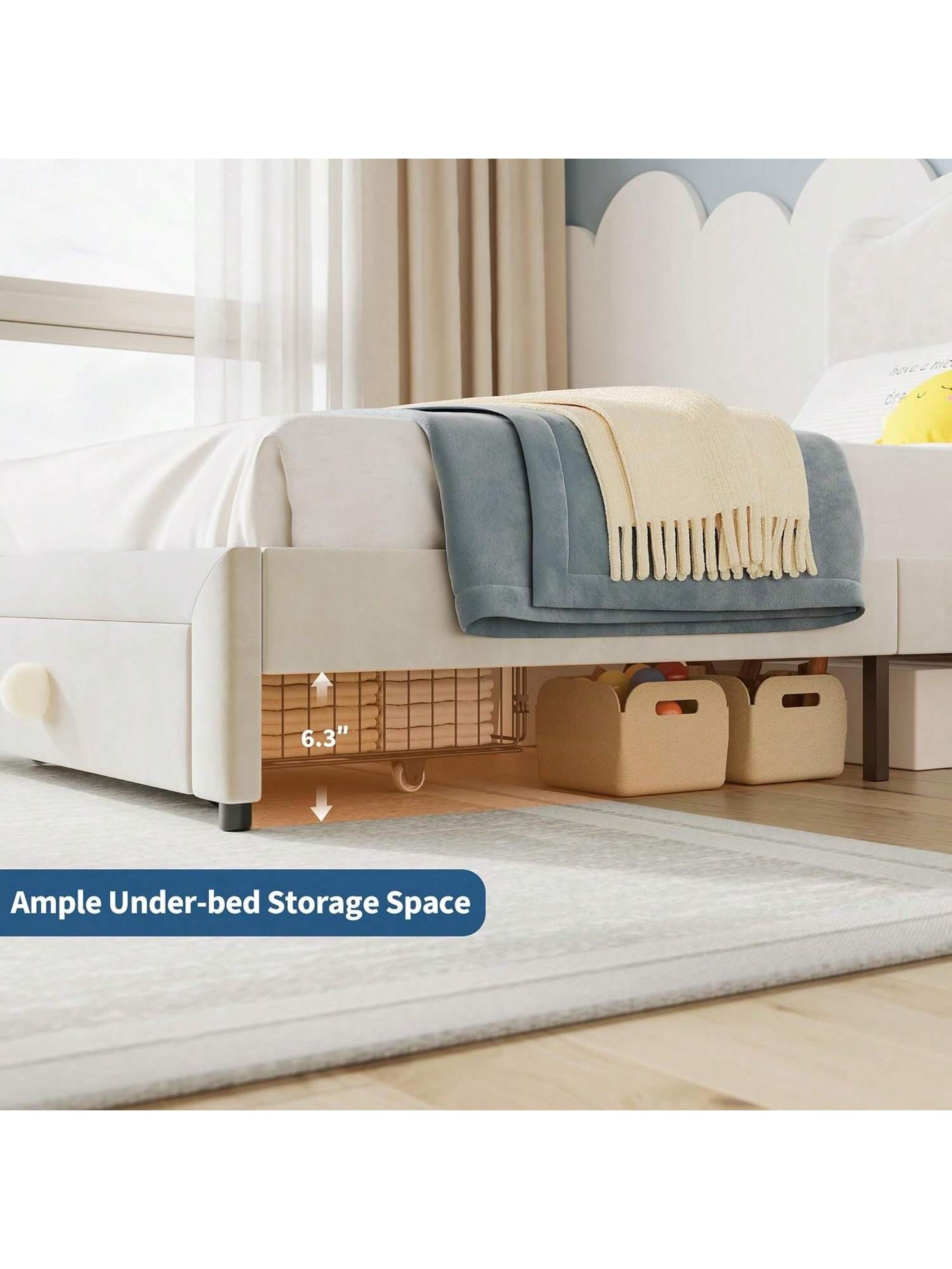 Twin Upholstered Bed Frame with Storage Drawer, Velvet Headboard, Princess Platform Bed, No Box Spring, White