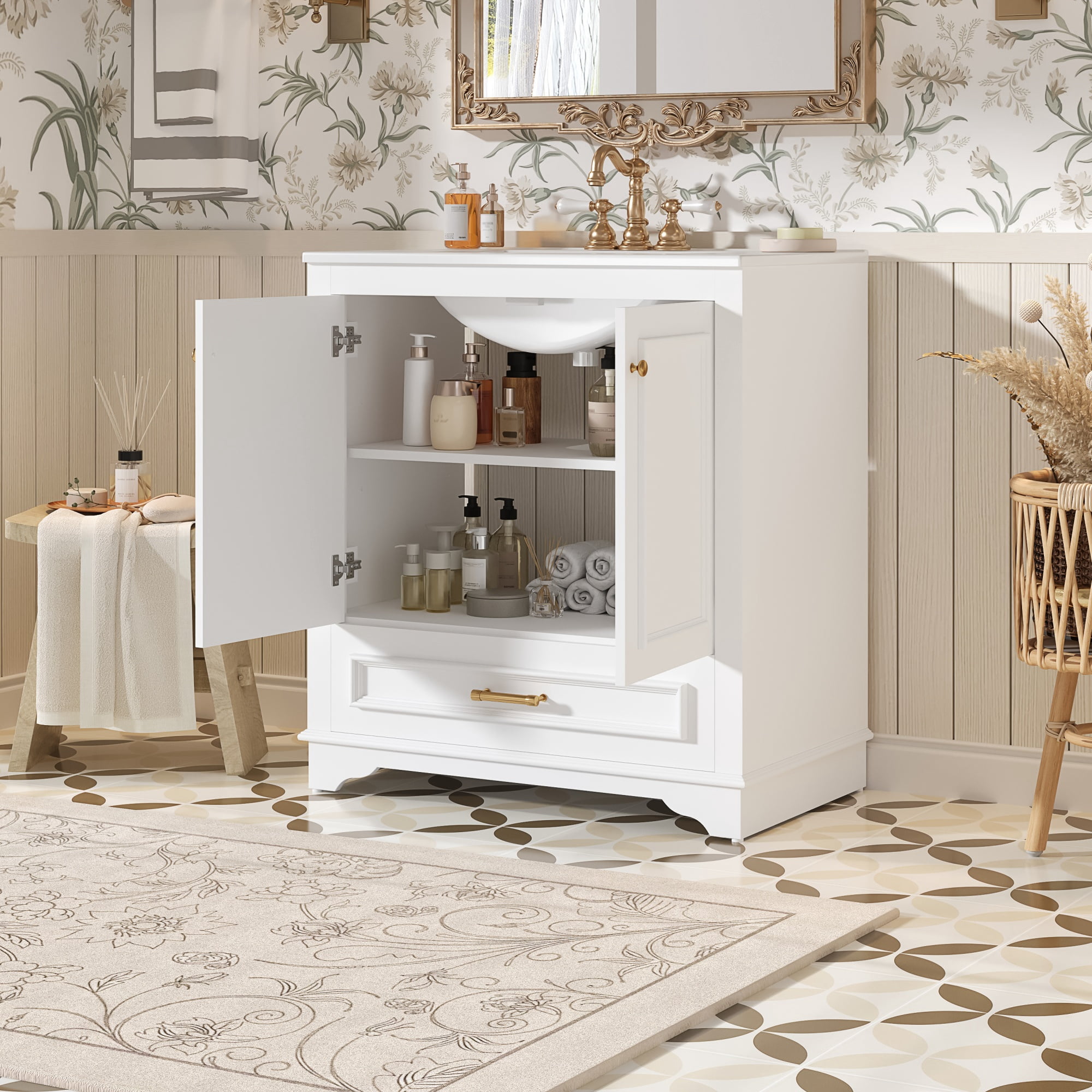 Euroco 30" Luxurious Bathroom Vanity with Ceramic Sink, Bathroom Vanities Cabinet with 2 large Soft Closing Doors, Solid Wood Frame Bathroom Storage Cabinet