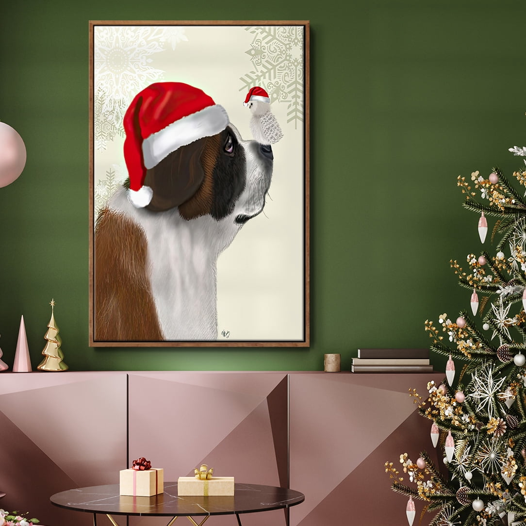 Christmas St Bernard and Fluffy Owl - Framed Gallery Wrapped Holiday Canvas - 25 x 37 - Rosewood Frame