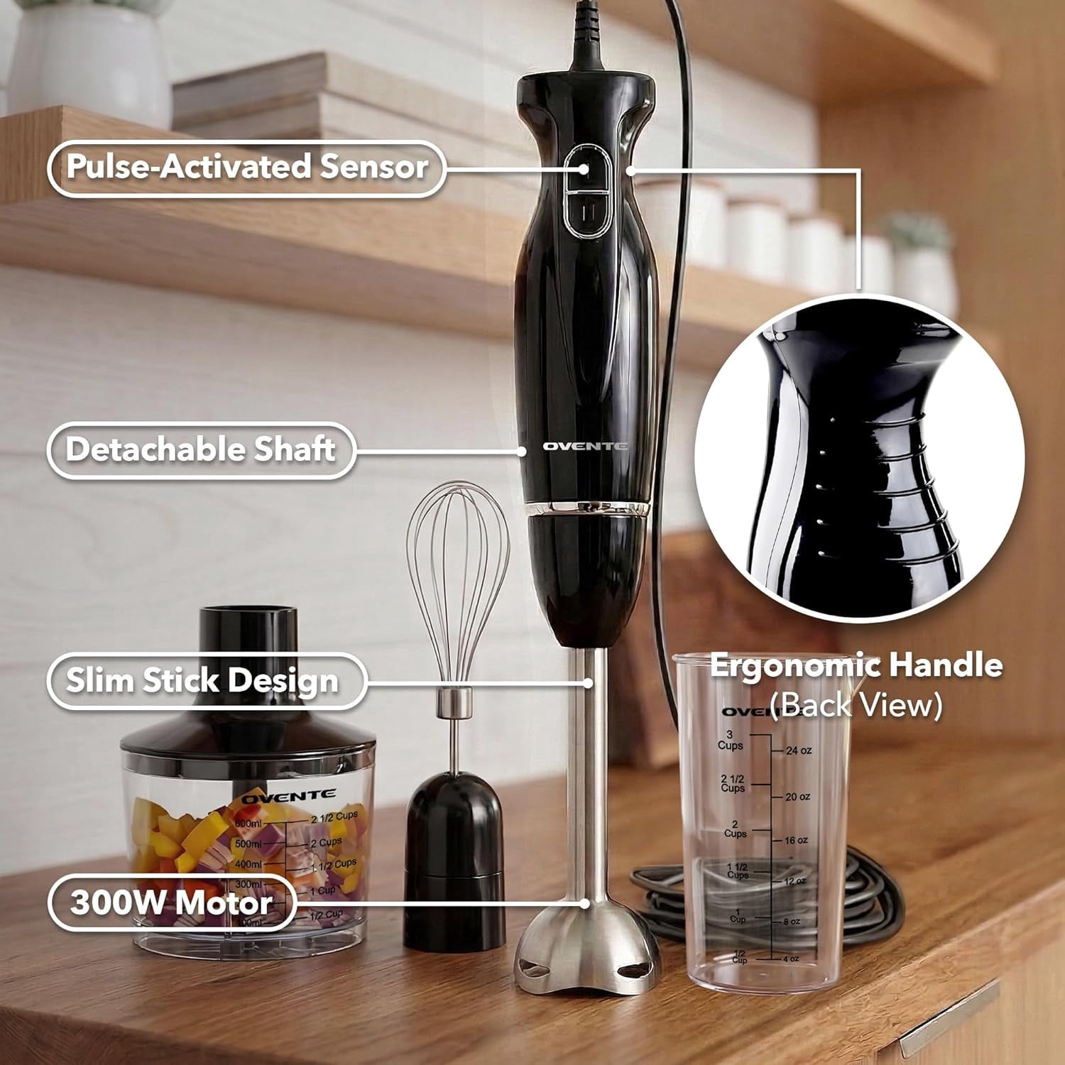 OVENTE Immersion Electric Hand Blender 300 Watt Power 2 Mix Speed with Stainless Steel Blades, Handheld Stick Mixer Set with Egg Whisk Attachment Mixing Beaker and BPA-Free Food Chopper, Black HS565B