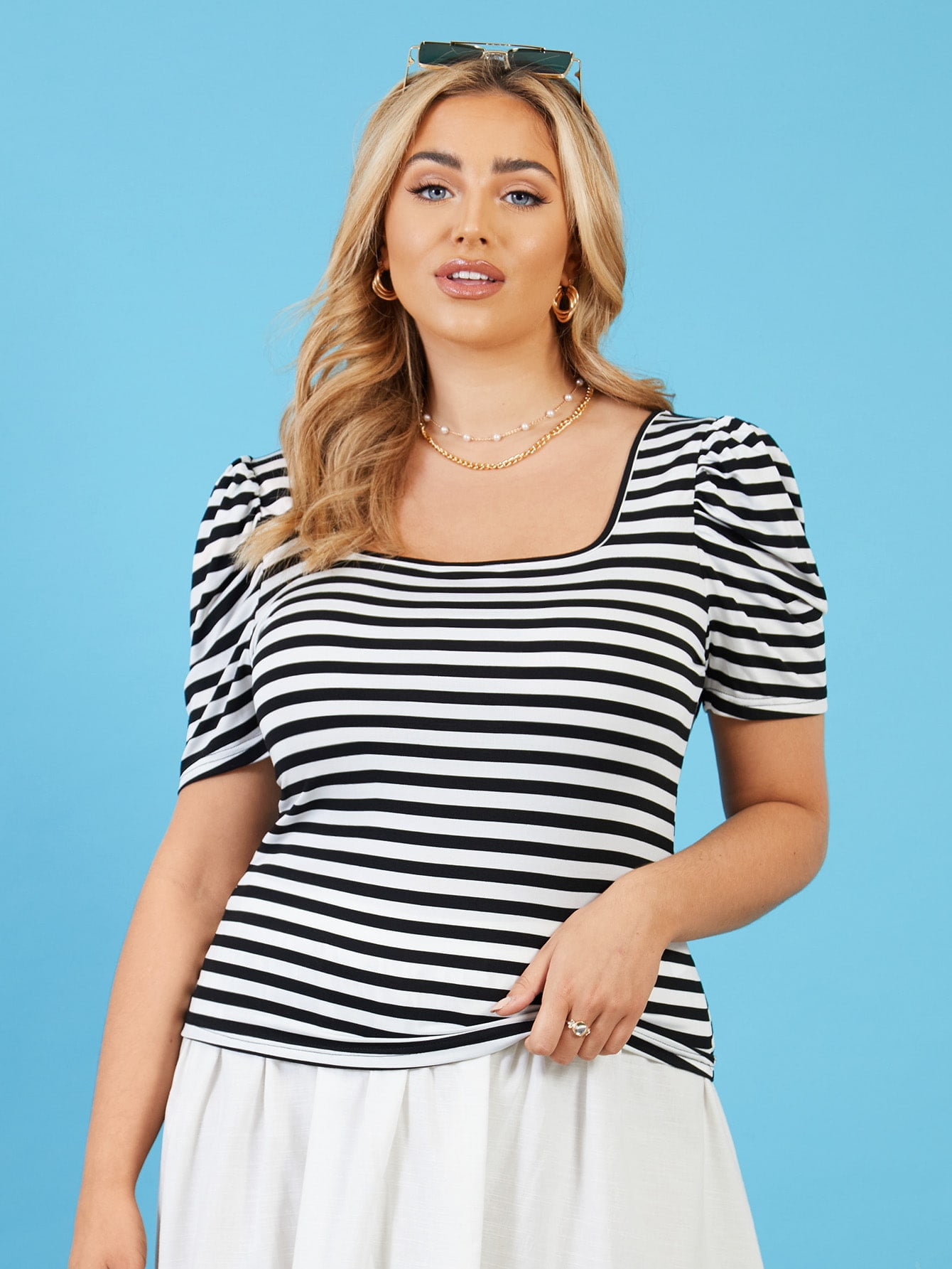 Women's Plus Striped Puff Sleeve Tee 
