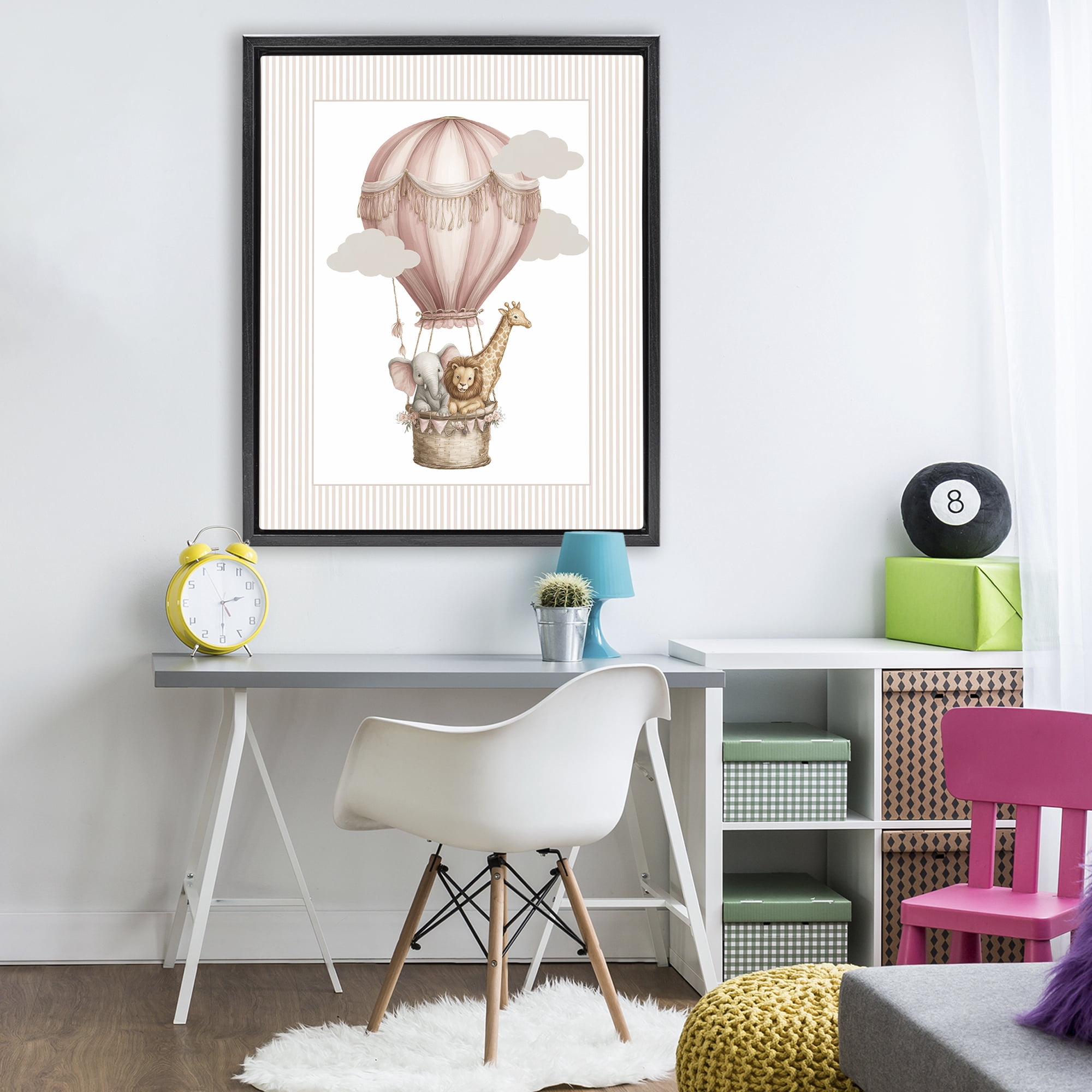 Stupell Industries Hot Air Balloon Animals Pink Black Framed Floater Canvas Wall Art, design by Christine Simpson Art
