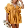 thumbnail image 1 of Robe Courte Décontractée à Boutons et Col en V pour Femmes avec Volants, Taille à Cordon, Robe de Plage avec Poche, 1 of 5