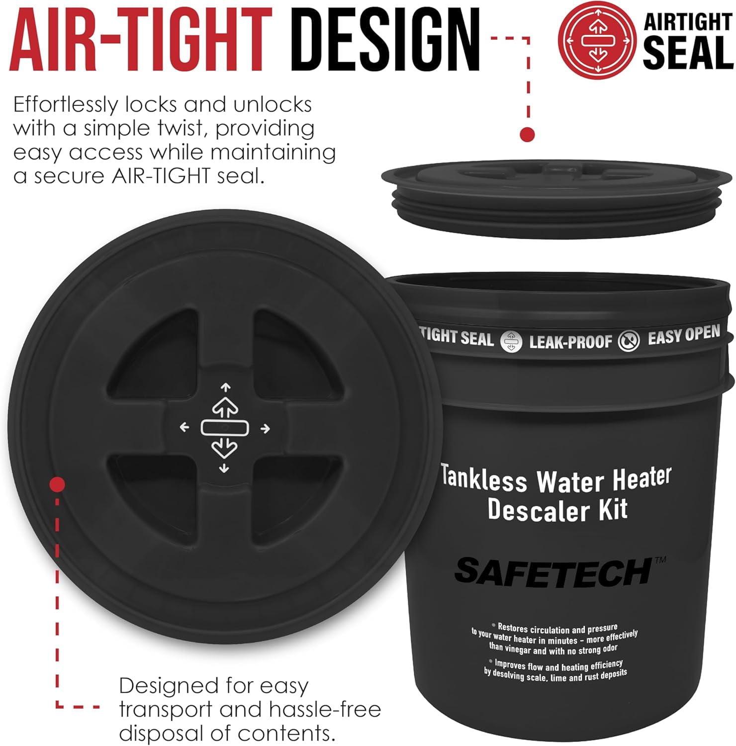 Safetech Tankless Water Heater Flushing Kit, 1/6 HP Utility Pump with Screw-Top Lid Bucket, Premium Braided Hoses & Quart Descaler Solution