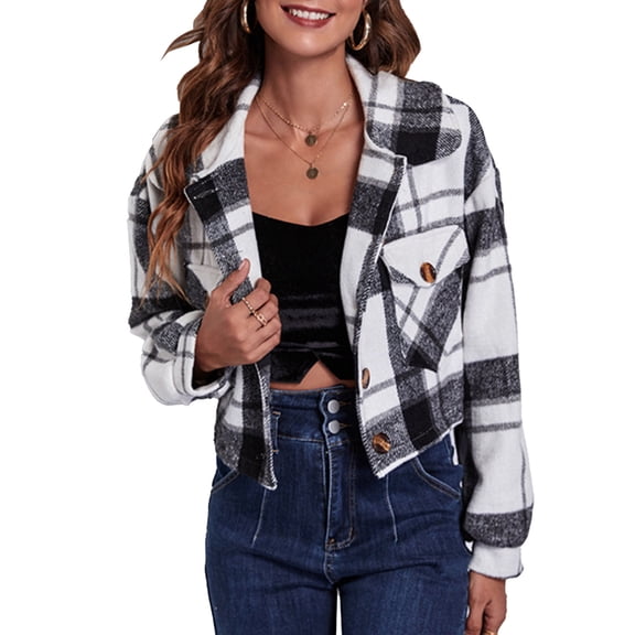 Short Jacket Coat Puff Long Sleeve Plaid Pocket Fashionable Casual Tops for Women Black and White Plaid S