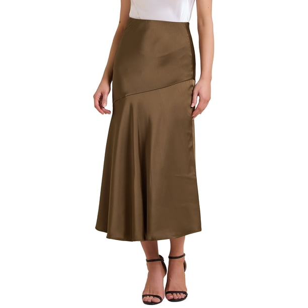 Falda Maxi de Satén para Mujer Otoño Cintura Alta Casual Fiesta de Cóctel Boda Sirena Larga XS Marrón