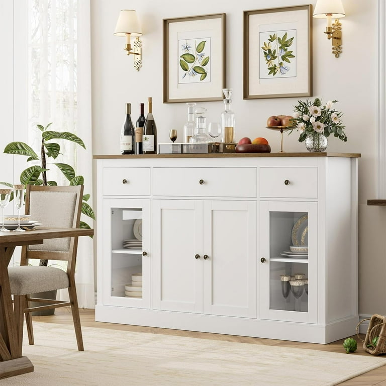 HOSTACK Sideboard Buffet Cabinet with Storage 55 Large Kitchen Buffet Storage Cabinet with Drawers and Glass Doors Modern Farmhouse Coffee Bar Cabinet Wood Buffet Table Dining Room Cabinet White Walma...