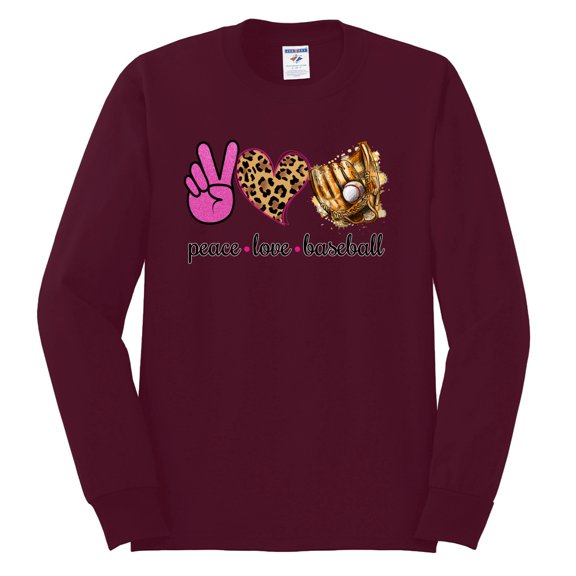Peace Love Baseball Sports Mens Long Sleeve Shirt, Maroon, Medium