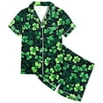 thumbnail image 5 of Odeerbi 2-12 Years Kids Boys Girls Summer St. Patrick's Day Satin Pajamas Notched Lapel Short Sleeve Loungewear Shorts Set Sleepwear Solid Color Pajama Sets Kids Boys Girls Clothes, 5 of 5
