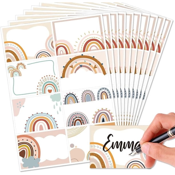 80 etiquetas adhesivas para nombres, etiquetas adhesivas impermeables en blanco con patrón de arcoíris bohemio, etiquetas adhesivas para nombres, etiquetas adhesivas para escribir