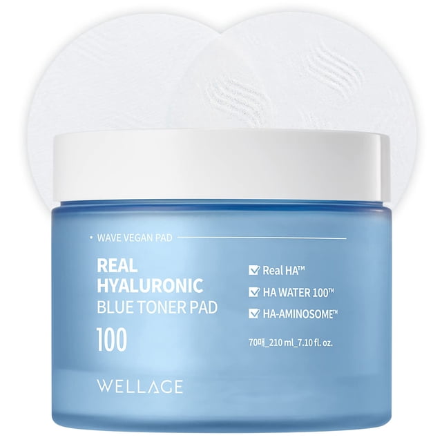 WELLAGE Almohadilla de tóner azul hialurónico real - Almohadillas faciales calmantes e hidratantes rápidas con agua hialurónica - Almohadillas de tóner exfoliantes sin irritación para la piel suave 70