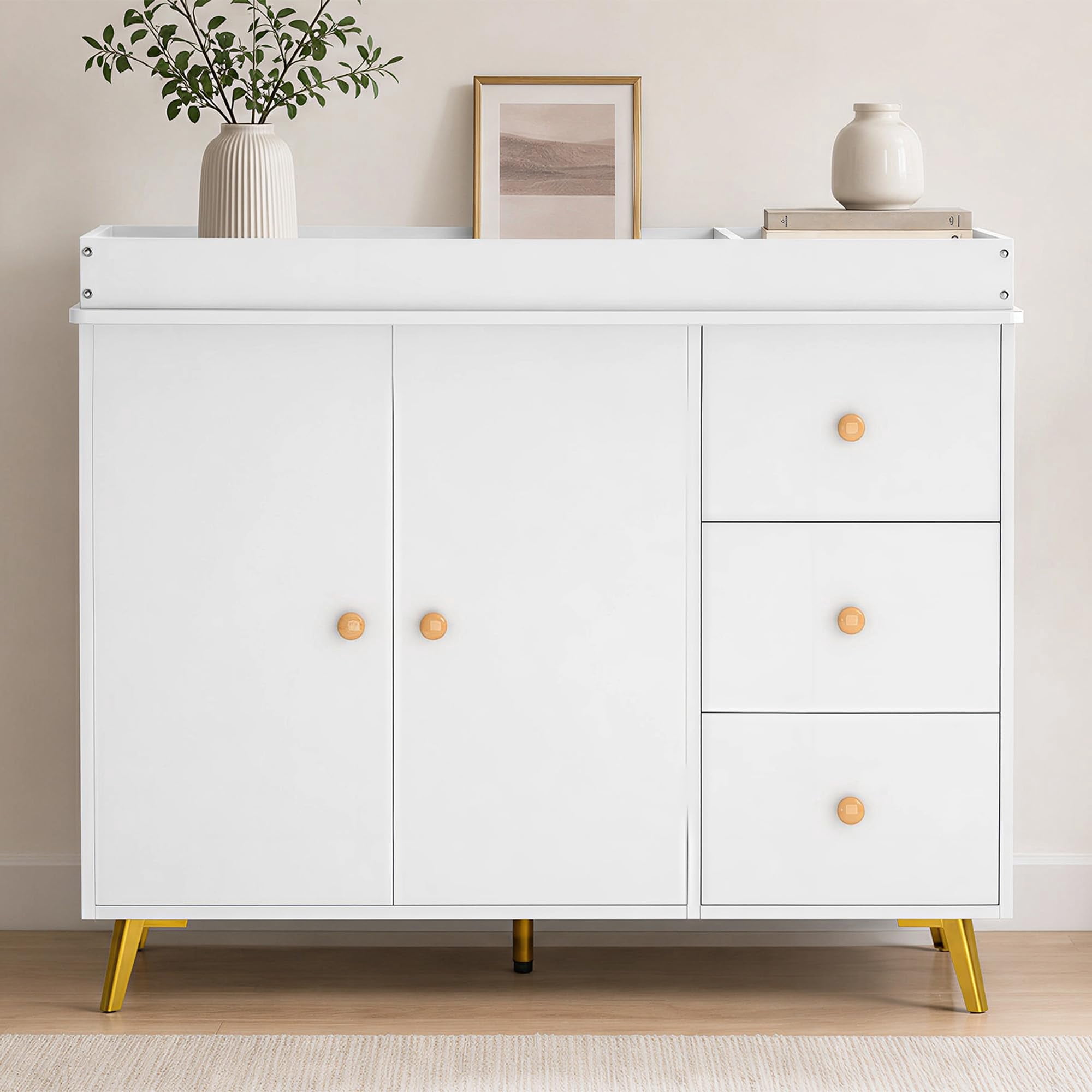 3-Drawer Baby Changing Table Dresser Wooden Nursery Furniture with Cabinet – Spacious Storage Easy Clean Infant Diaper Station – Classic White