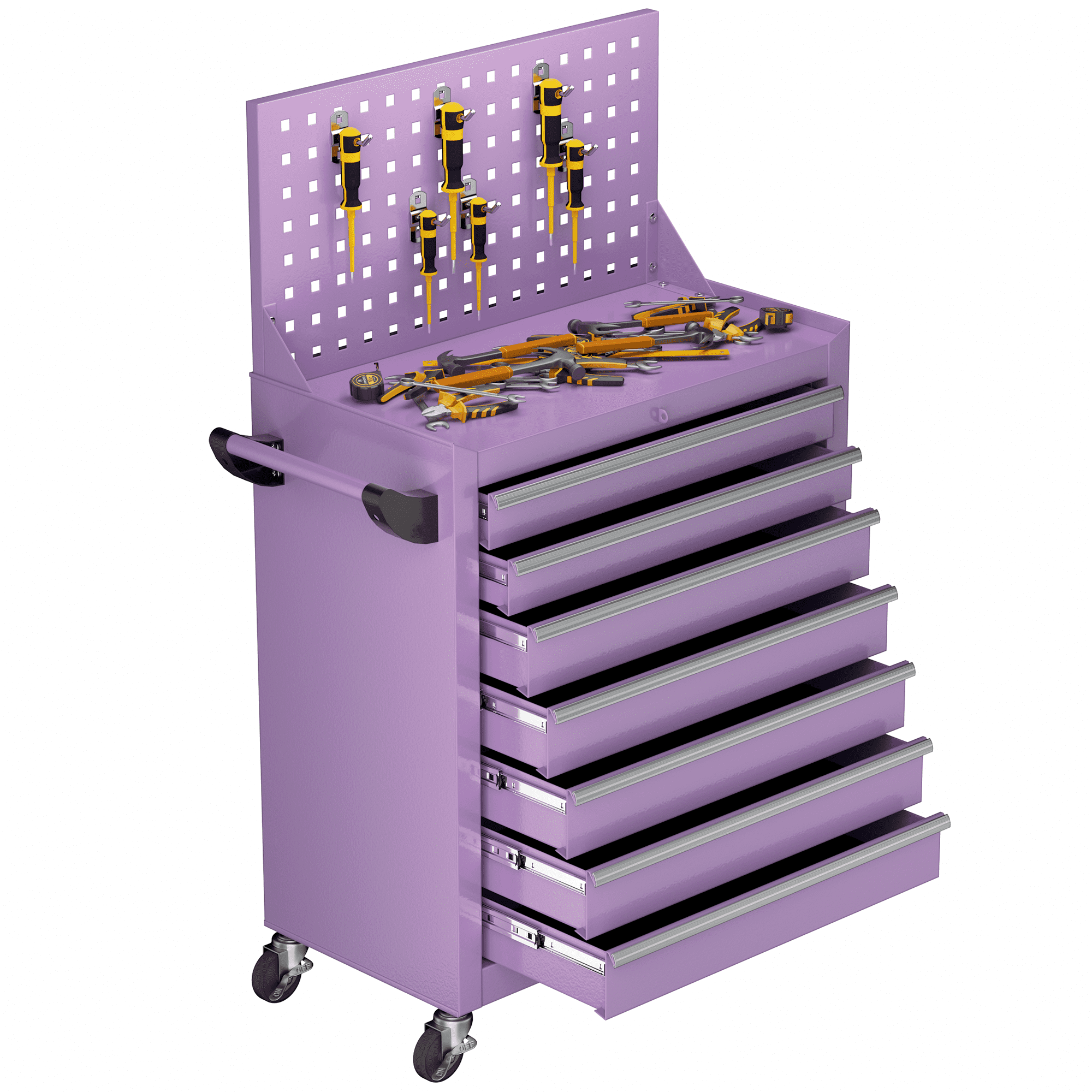 SUNCROWN 7 Drawers Rolling Tool Chest with Pegboard, Metal Tool Chest with Drawers, Tool Storage Cabinet with Wheels for Garage, Workshop, Repair Shop, Purple