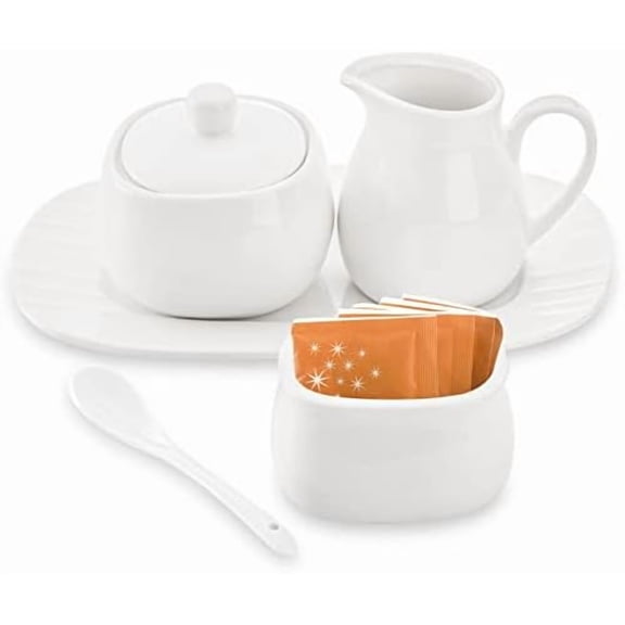 Set of 4 Sugar and Creamer Set, Small Creamer Pitcher with Handle for Coffee Bar, Sugar Bowl with Lid, Spoon and Tray, White Ceramic Sweetener Packet Container for Tea, Milk