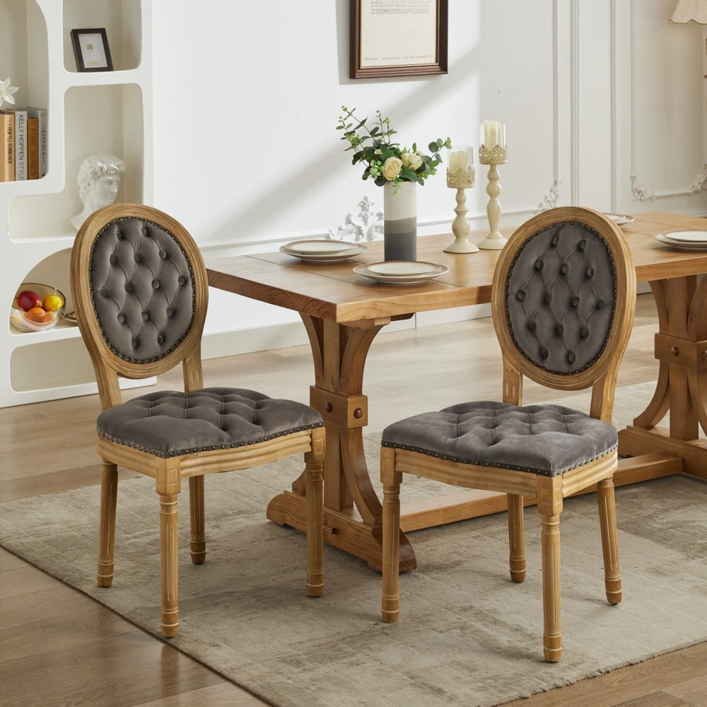 French Style Dining Chairs Set of 2, Velvet Upholstered Wood Dining Room Chairs with High Backrest, Nailhead Trim, Tufted Cushion, Gray