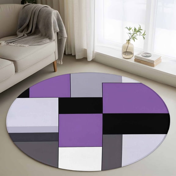 Black Purple Patchwork Round Living Room Rugs 4 ft, Abstract Geometric Art Washable Area Rug with Non-Slip Sturdy Edge Binding Round Carpet for Entryway Kitchen Bedroom Bathroom