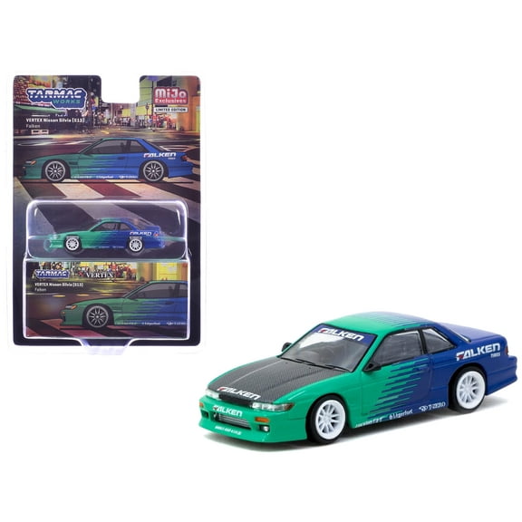 Nissan Silvia (S13) Vertex RHD "Falken Tires" Green & Blue wuth Carbon Hood "Global64" Series 1/64 Diecast Model by Tarmac Works
